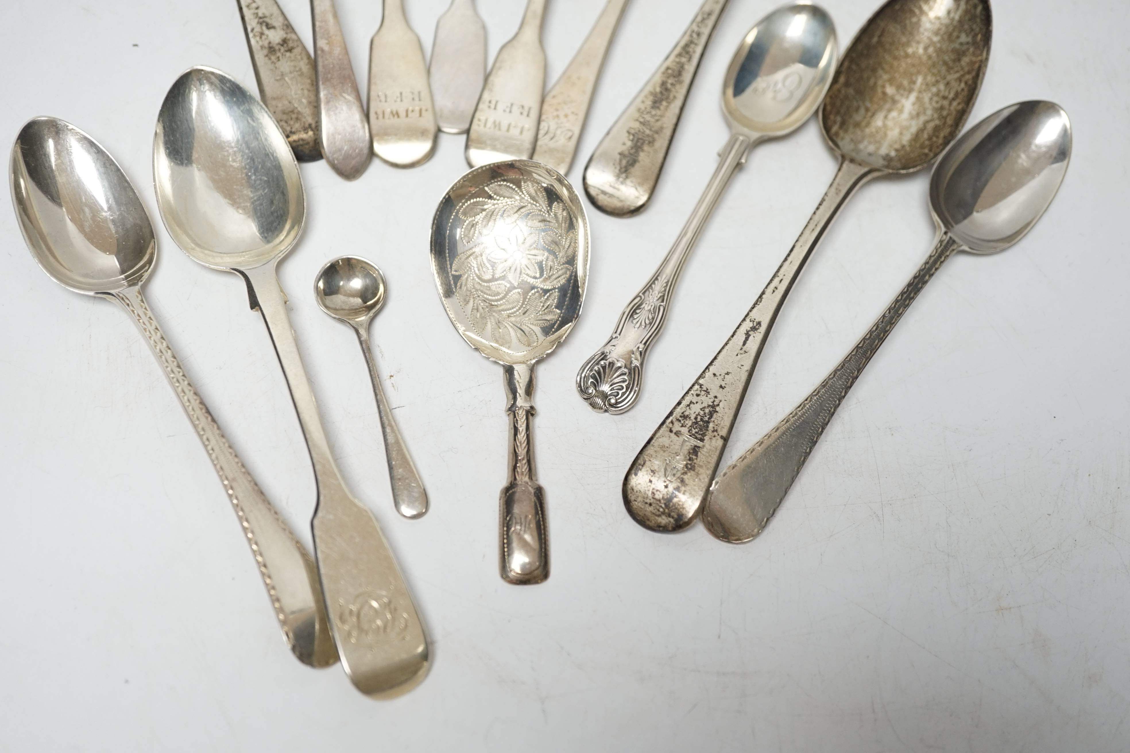 A quantity of assorted 18th century and later flatware, mainly teaspoons including a set of six base mark teaspoons, caddy spoon, etc, 32.7oz and eight plated spoons.